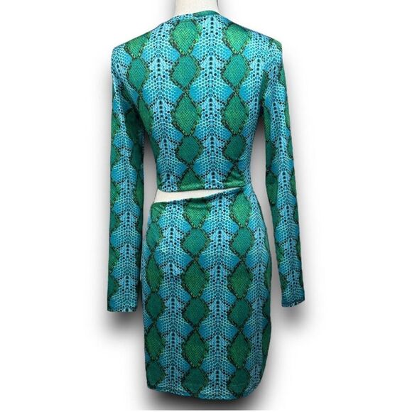 AFRM Snakeskin Print Cutout Bodycon Mini Dress Long Sleeve Blue Green - Picture 2 of 4
